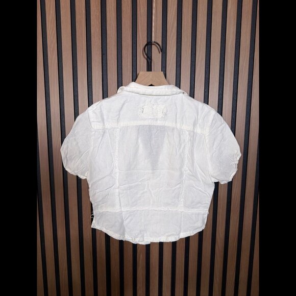 Free People Top Small Womens White Button Cropped Linen Button Front - Picture 2 of 7